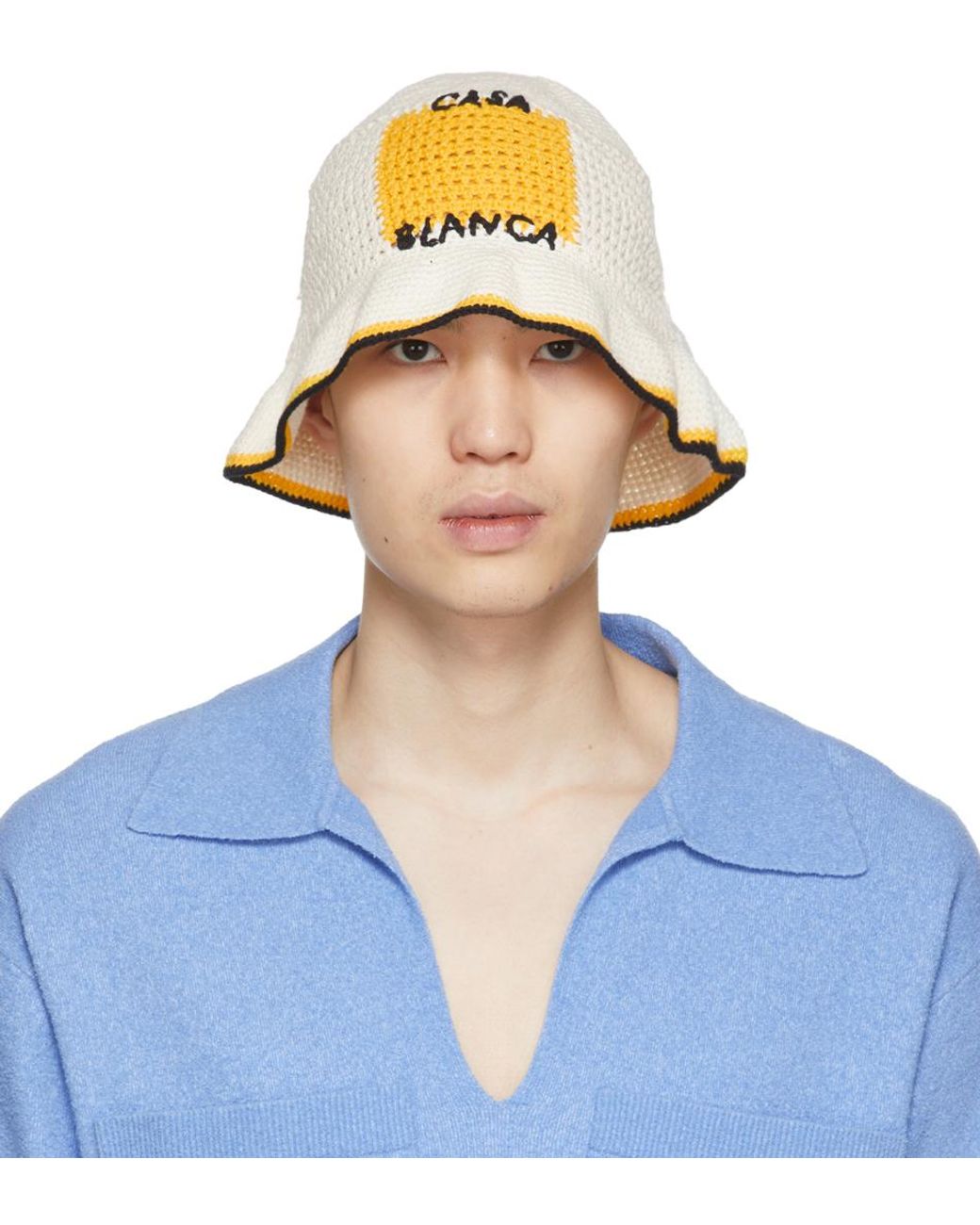 CASABLANCA Cotton Off-white & Crochet Bucket Hat in Yellow for Men | Lyst