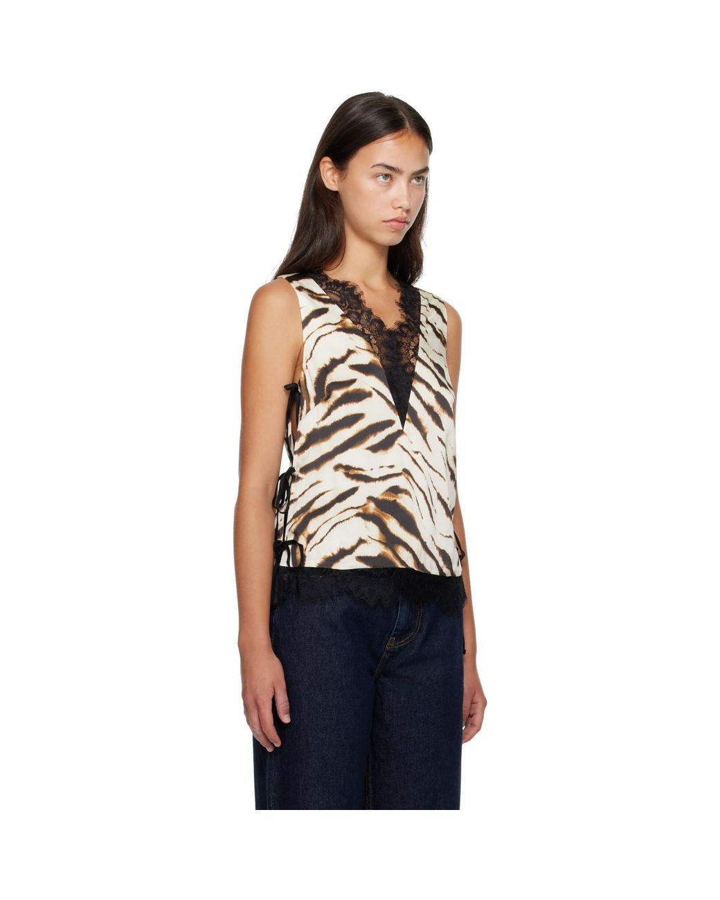 Ganni White Off- & Printed Satin Top