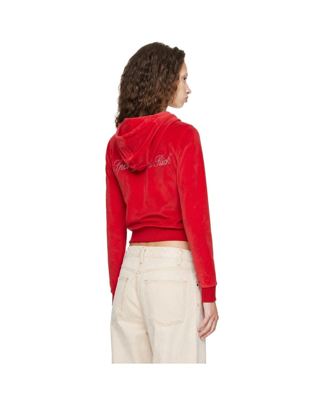 Sporty & Rich Red Signature Logo Krystal Zip Hoodie