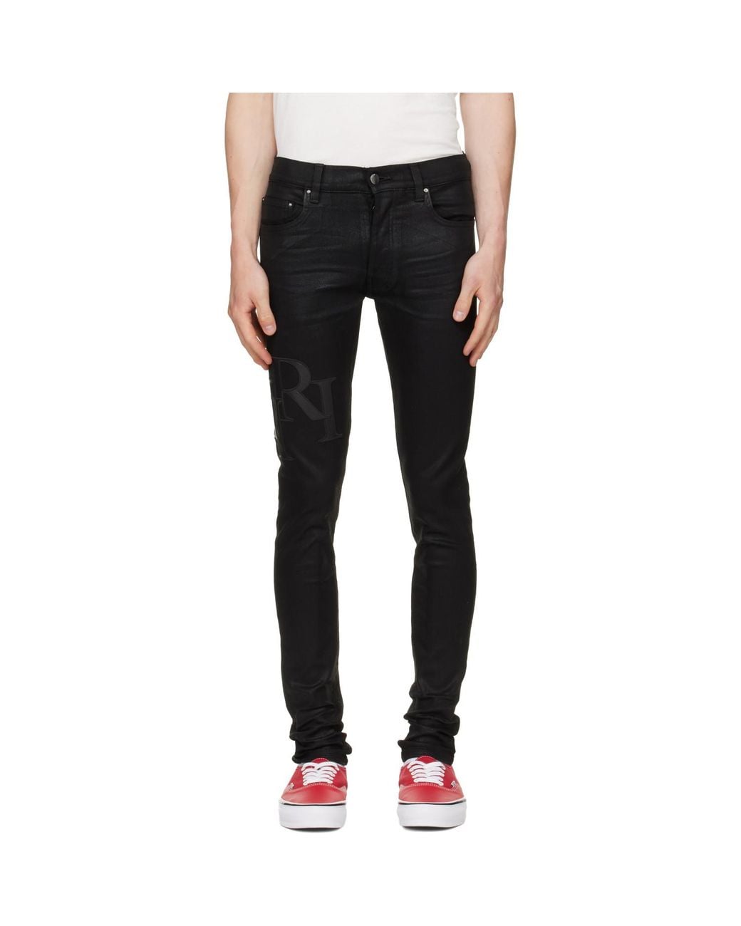 Amiri Black Waxed Staggered Logo Skinny Jeans for men