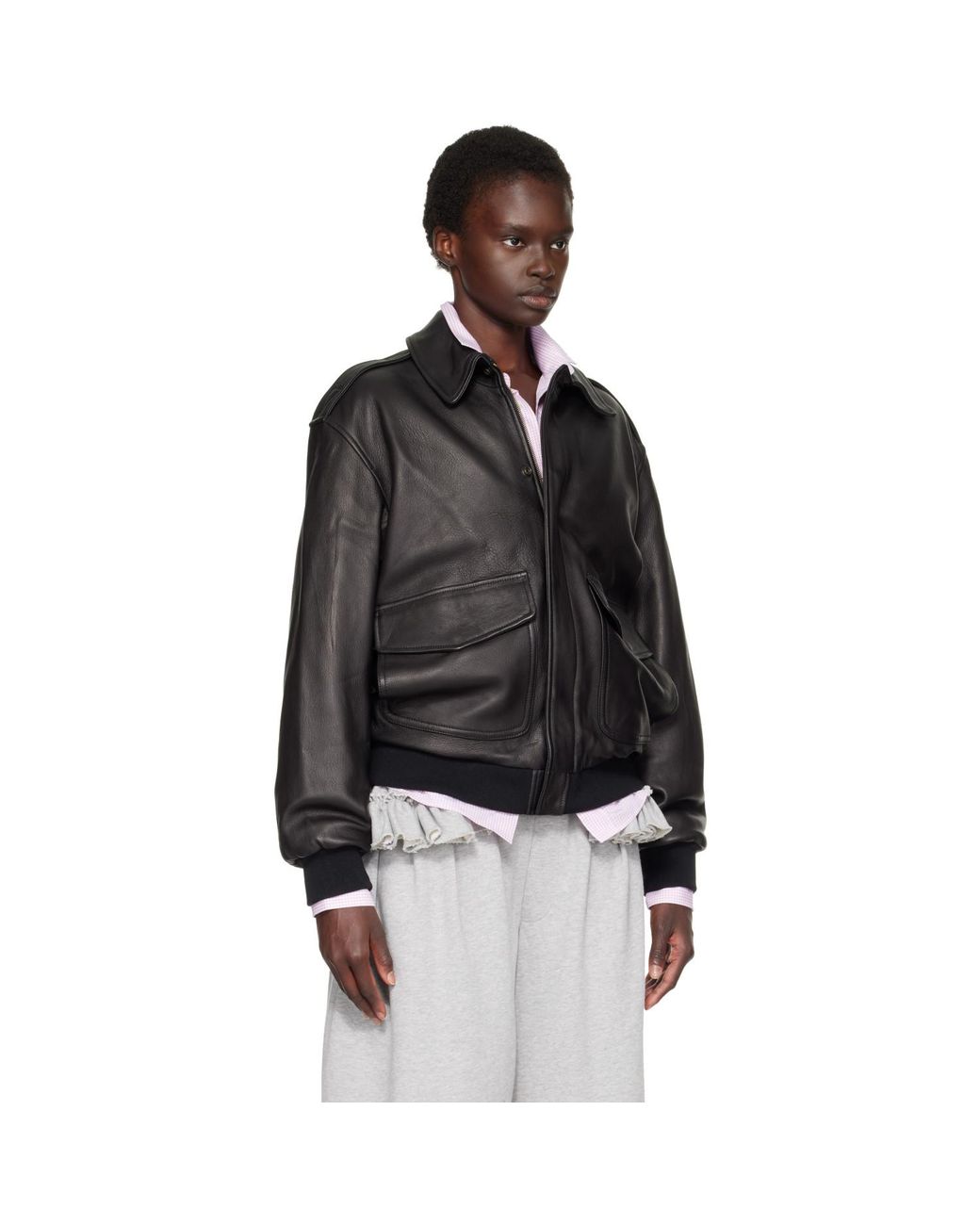 HOMMEGIRLS Black Zip Leather Bomber Jacket