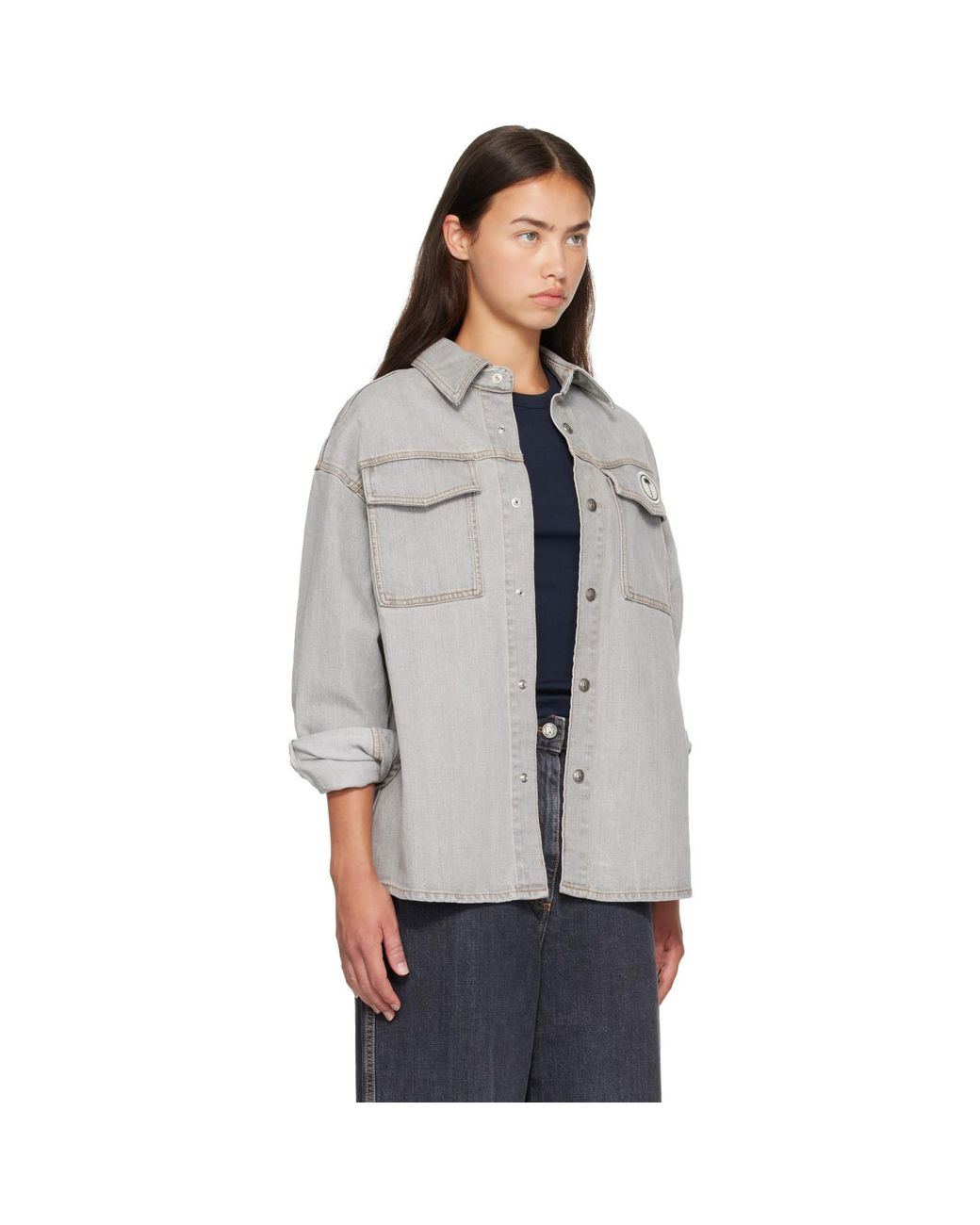 Palm Angels Gray Tree Logo Denim Overshirt