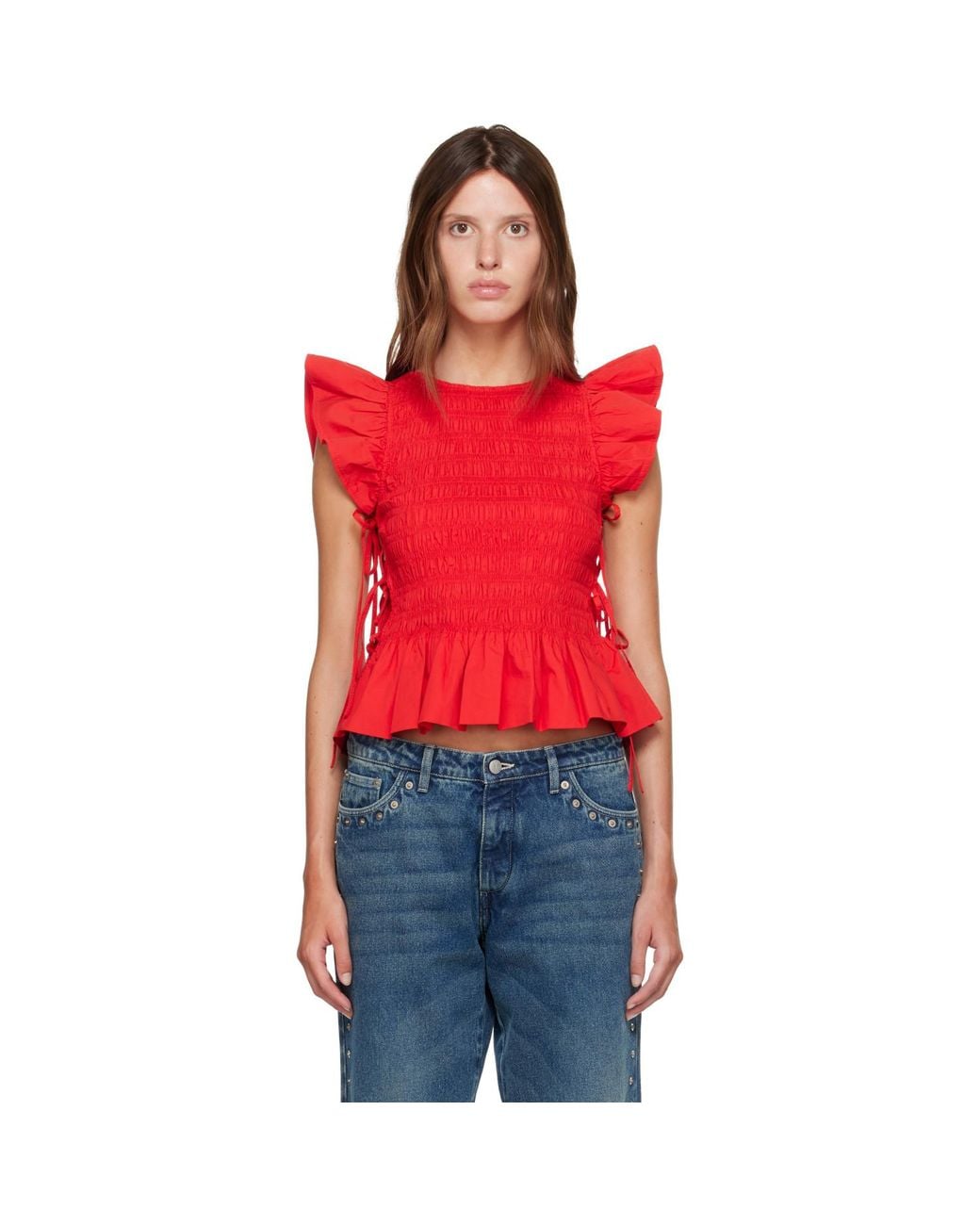 Ganni Red Smocked Cotton Blouse