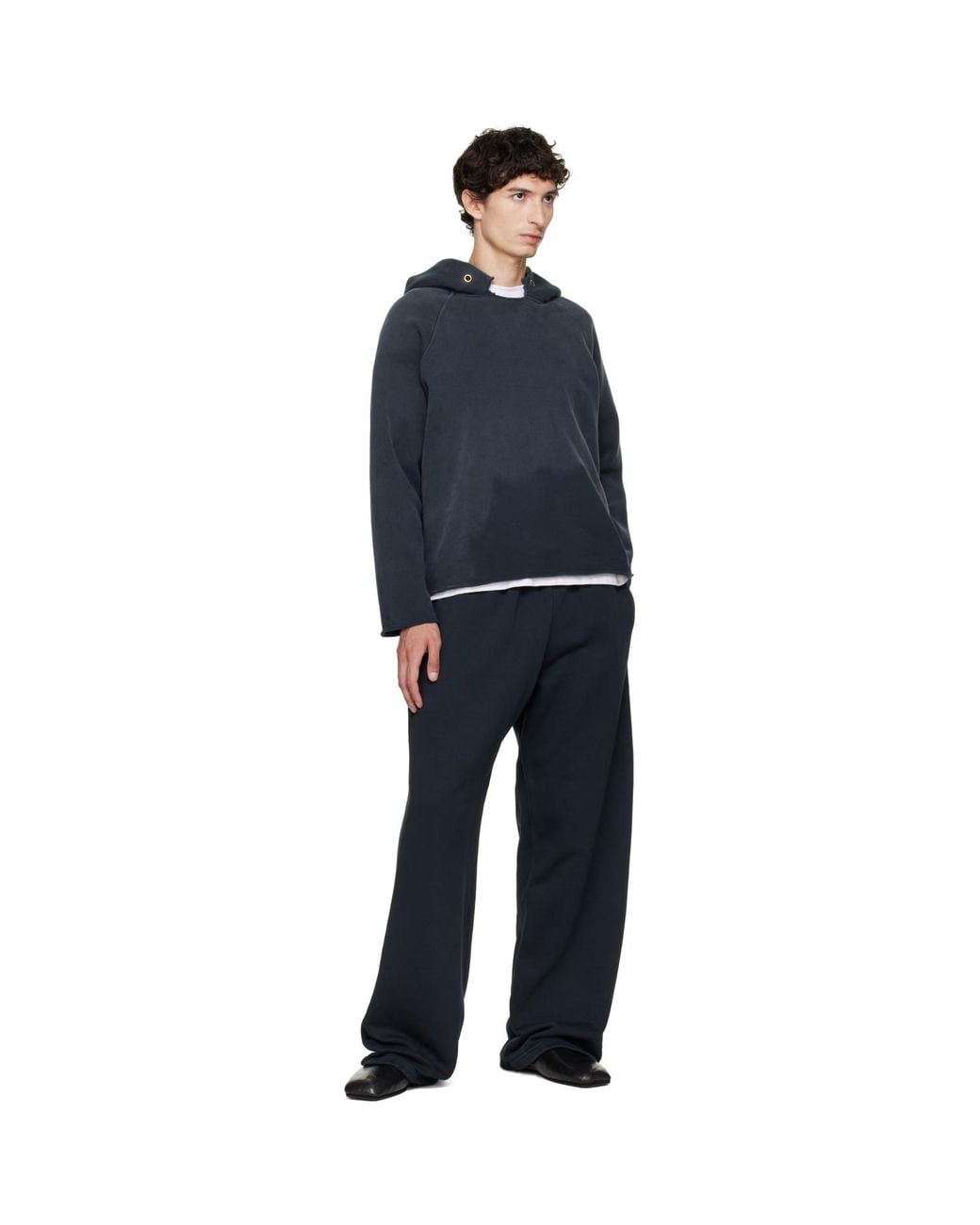 Les Tien Blue Heavyweight Raw Raglan Hoodie for men
