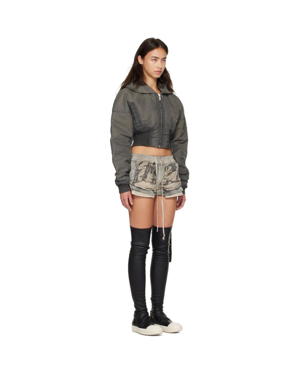 Rick Owens Gray Tower Hooded Cropped Flight Jacket