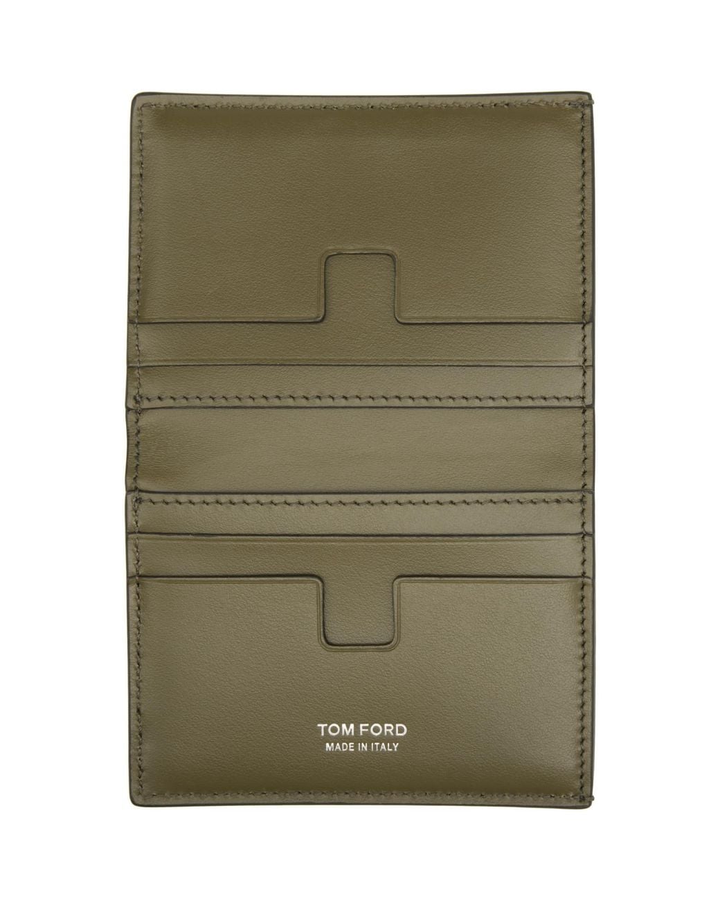 Tom Ford Green Khaki Small Grain T Line Bifold Card Holder for men