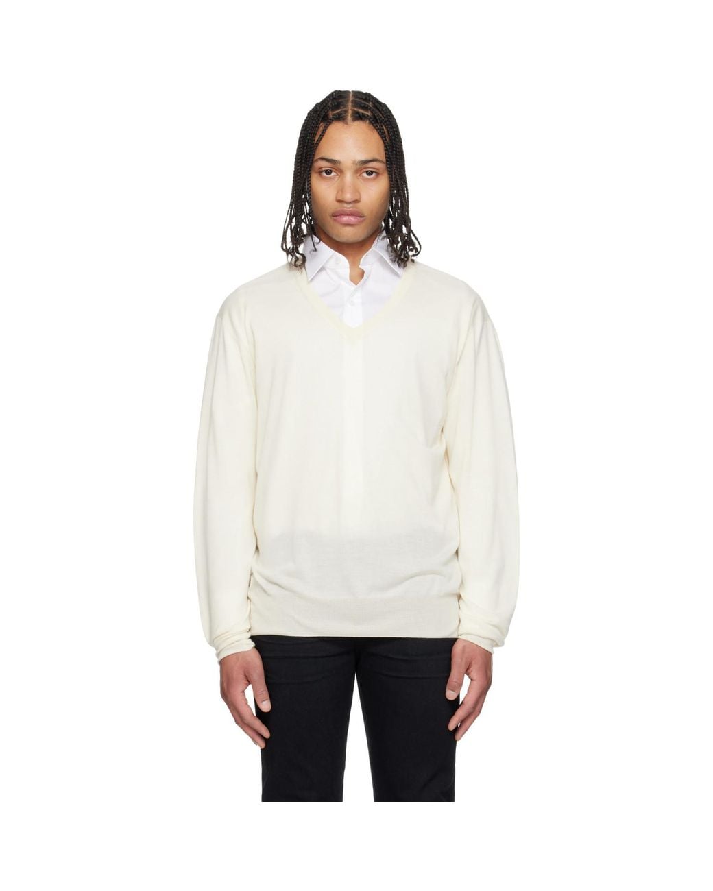 Tom Ford White Off- Fine Gauge Cashmere Ls V-Neck Sweater for men