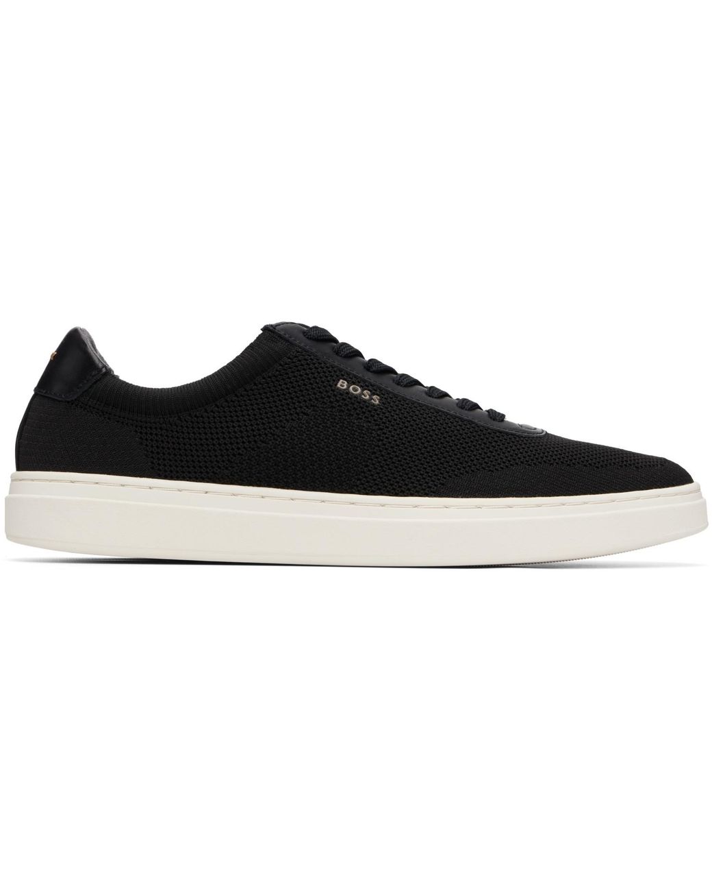 Boss Black Lace-Up Leather Trim Knitted Sneakers for men