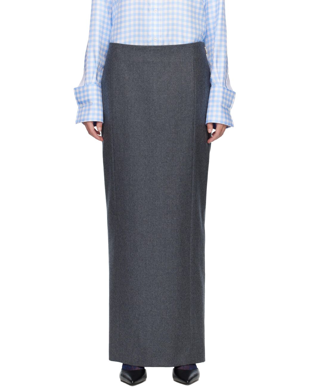 Thom Browne Black Solid Wool Flannel Pencil Maxi Skirt