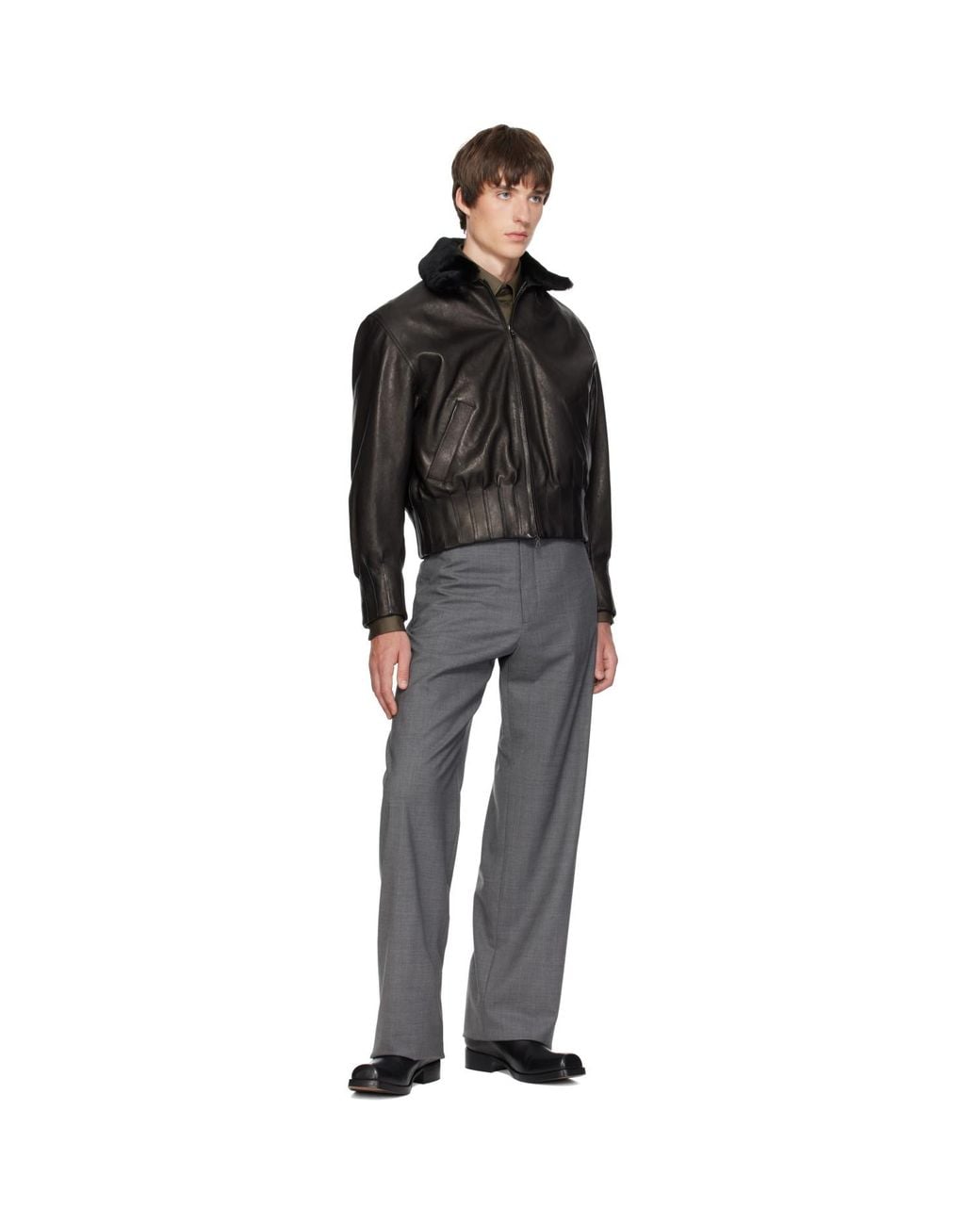 AARON ESH Black Shearling Collar Leather Bomber for men