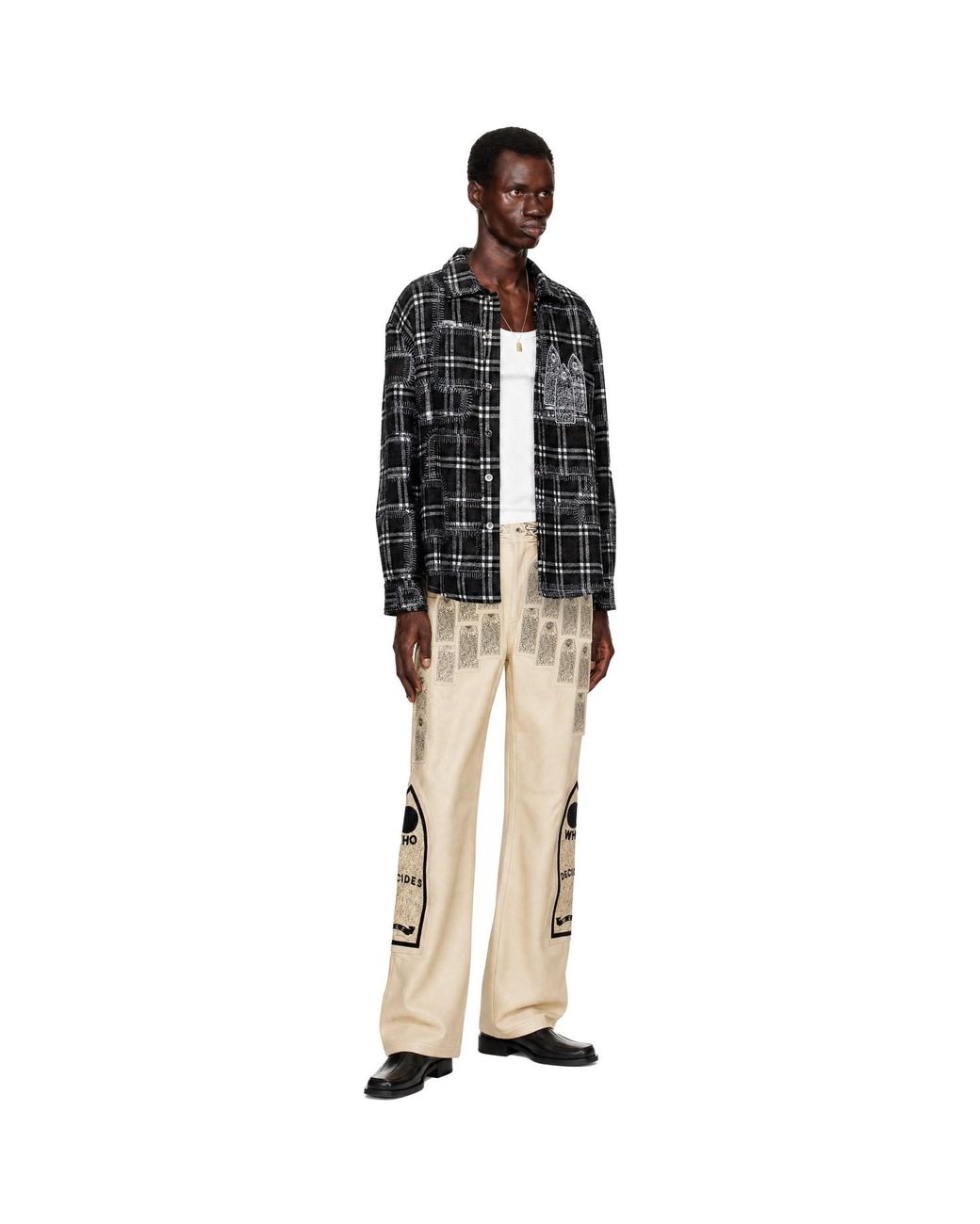 Who Decides War Natural Patched Arch Embroidered Leather Trousers for men