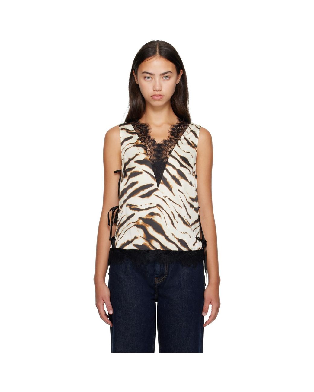 Ganni White Off- & Printed Satin Top