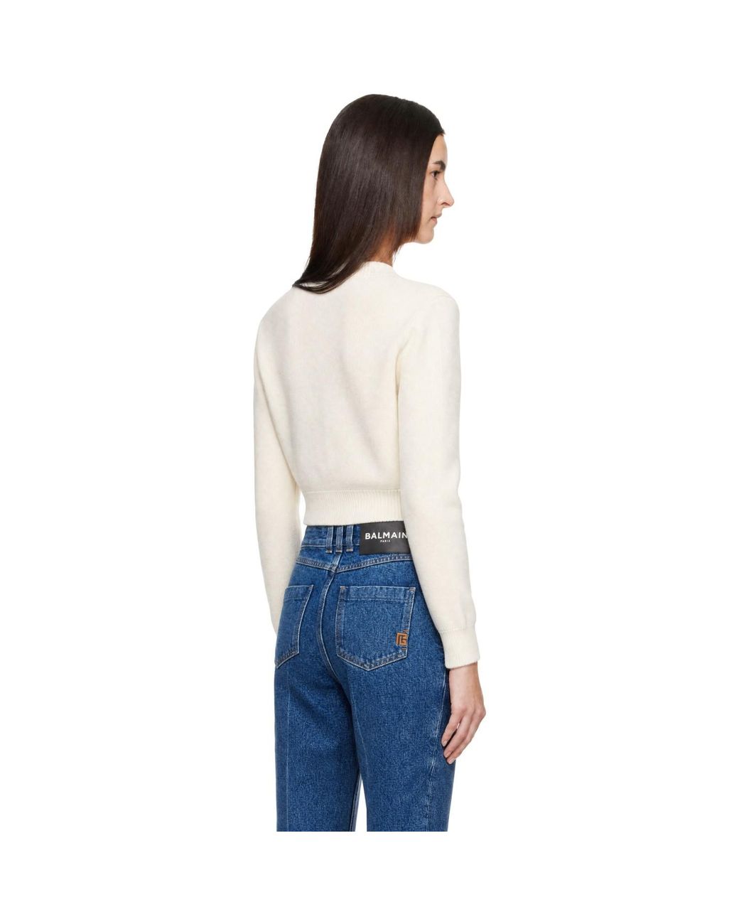 Balmain White Off- Buttoned Round Collar Cashmere Cardigan
