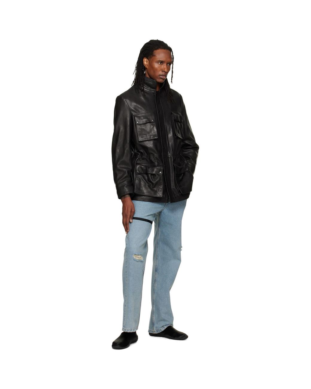 ALAINPAUL Black Multi Pocket Leather Jacket for men
