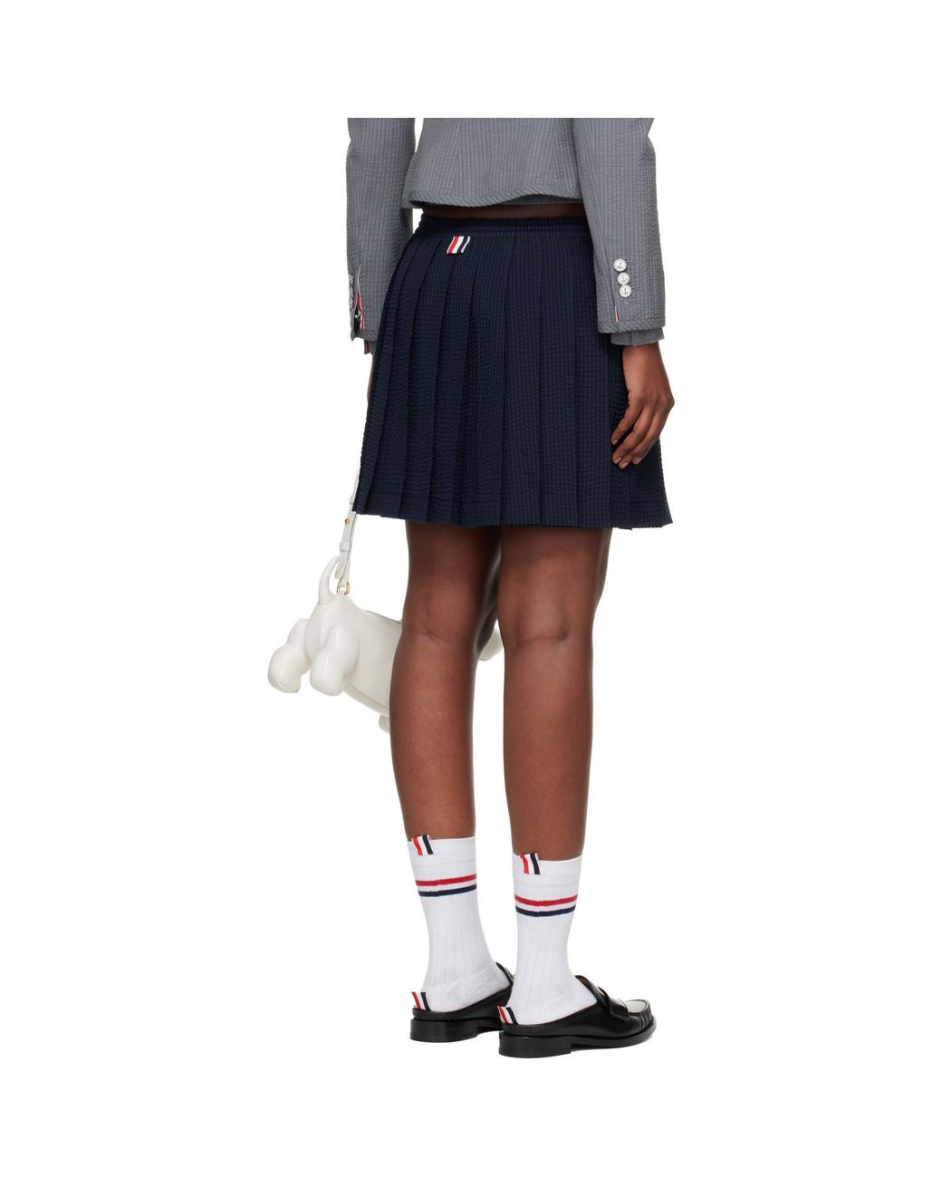 Thom Browne Blue Wool Seersucker Drawstring Pleated Miniskirt