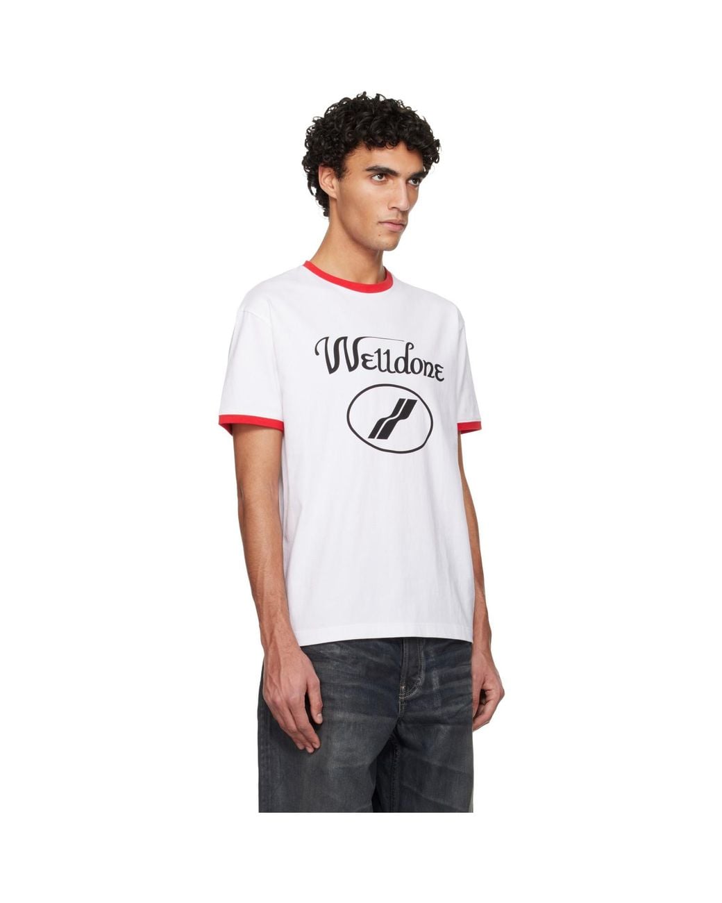 we11done White Cursive Logo Fitted Ringer T-Shirt for men