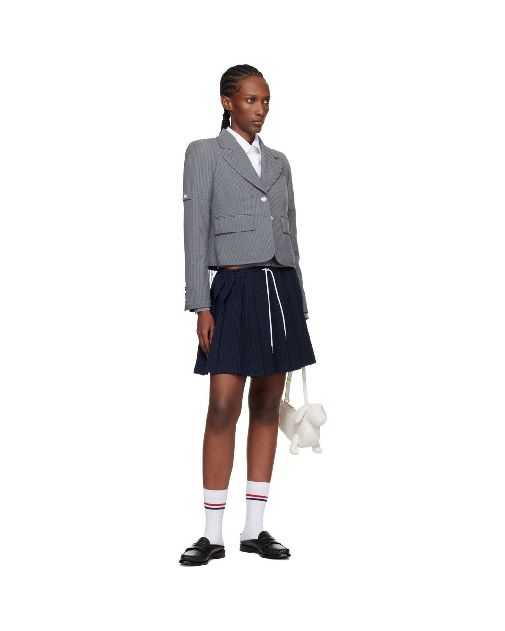 Thom Browne Blue Wool Seersucker Drawstring Pleated Miniskirt