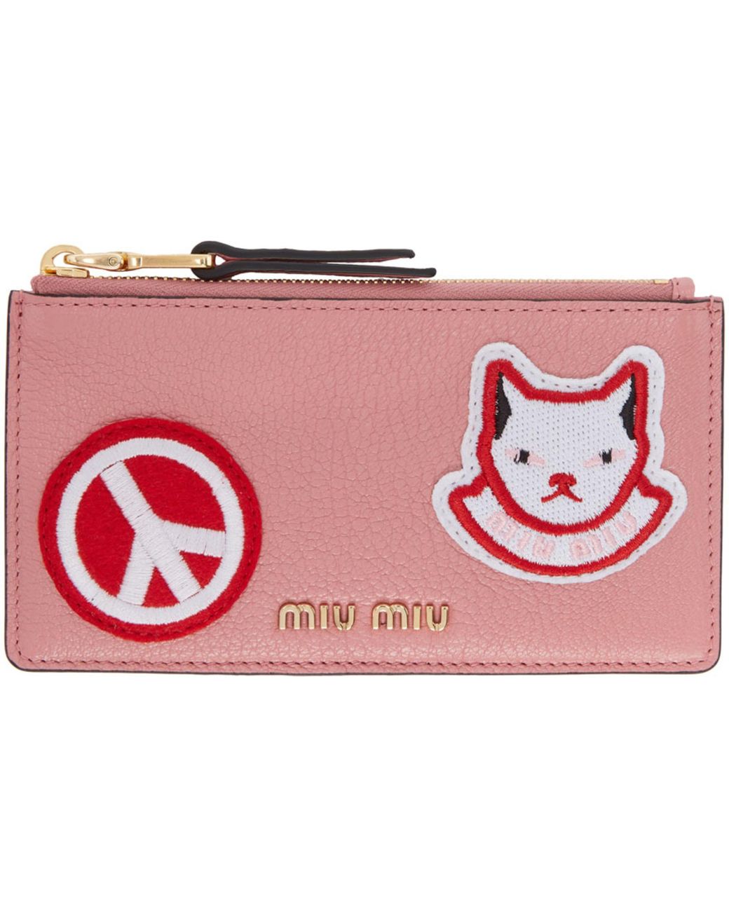 Miu Miu Leather Pink Cat Patch Zipped Card Holder | Lyst