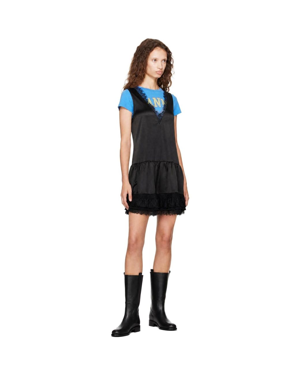 Ganni Blue Fluid Satin V-Neck Lace Mini Dress