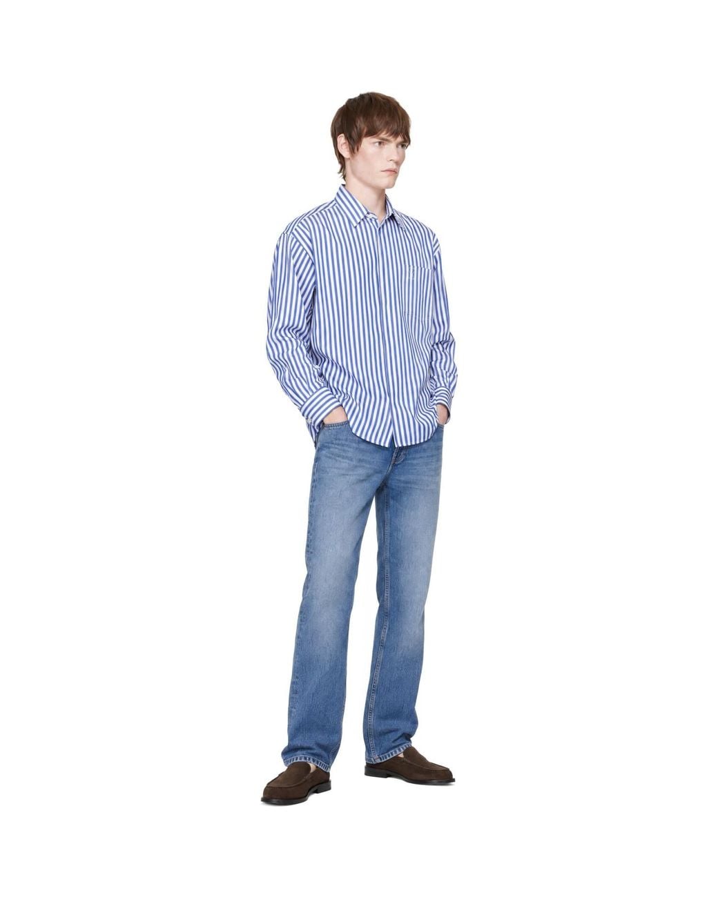 AMI Blue Large Striped Embossed Ami De Coeur Shirt for men