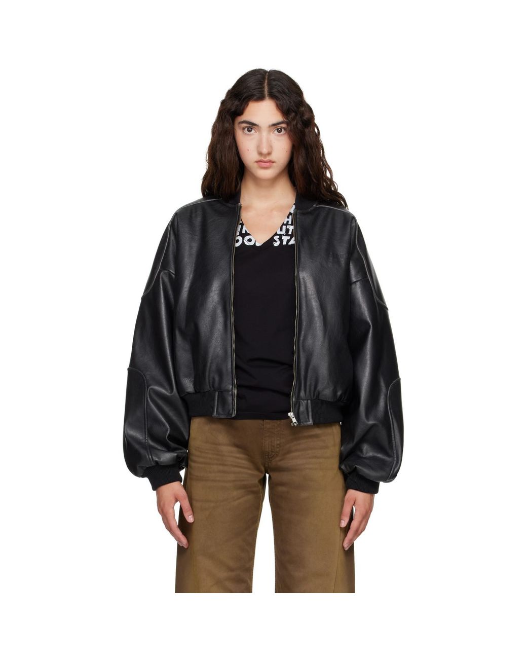 MM6 by Maison Margiela Black Rib-Knit Trim Faux-Leather Bomber Jacket
