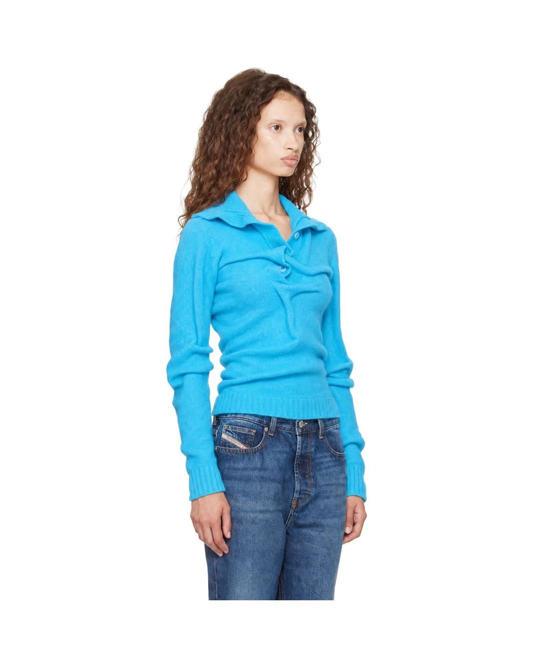 DIESEL Blue Button-Neck Wrinkled Boiled Knit Turtleneck