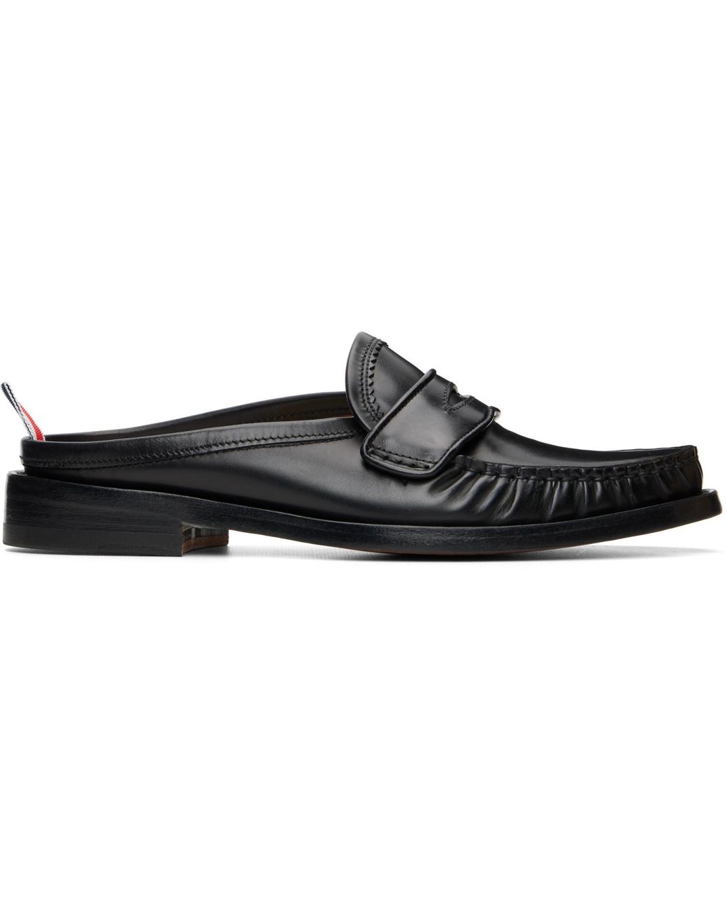 Thom Browne Black Calf Flexible Leather Mule Penny Loafers