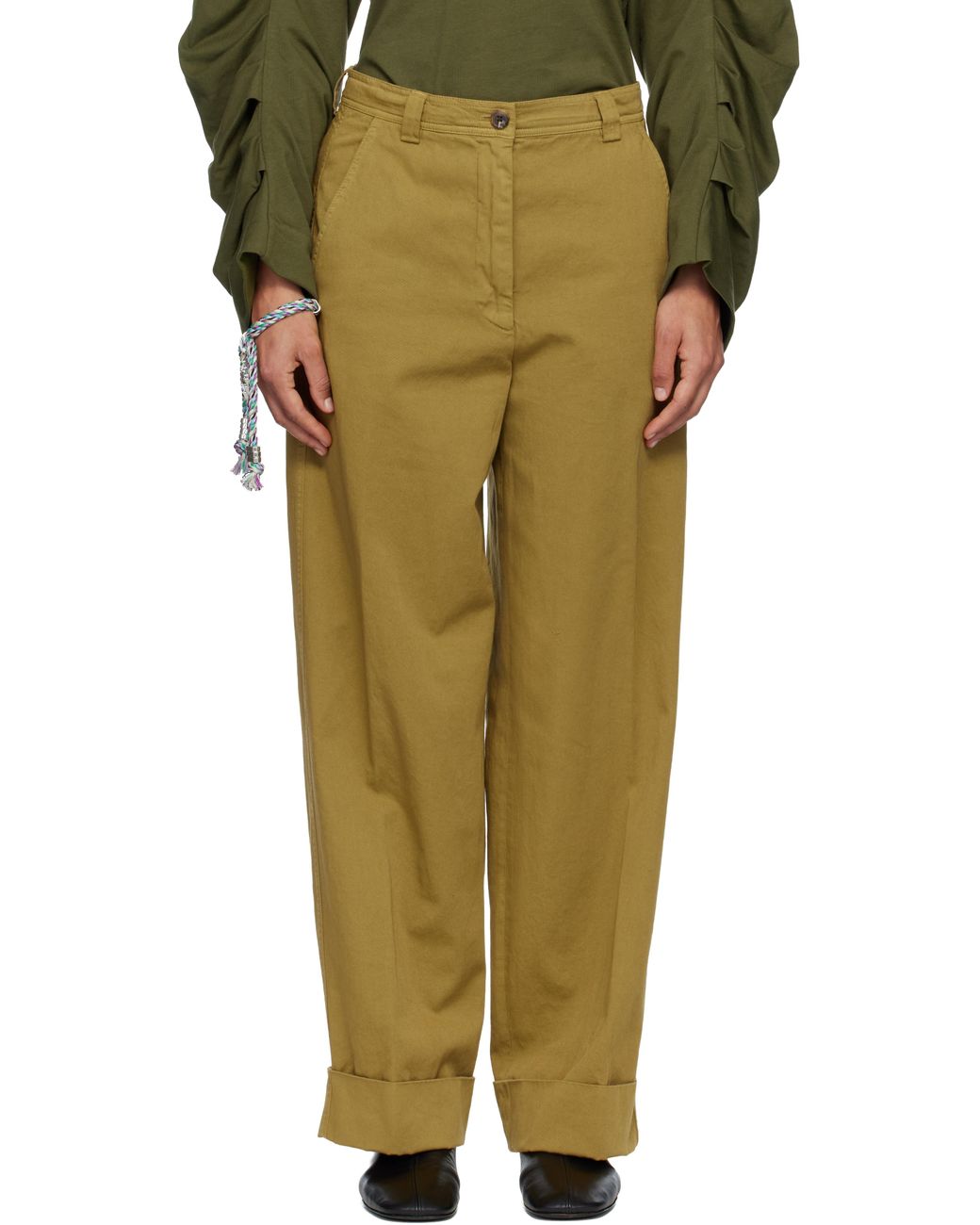 Dries Van Noten Green Khaki Cuffed Cotton Trousers