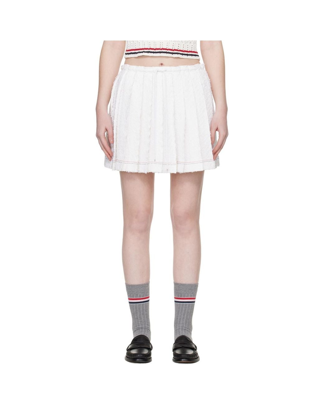 Thom Browne White Eyelash Tweed Drawstring Pleated Miniskirt