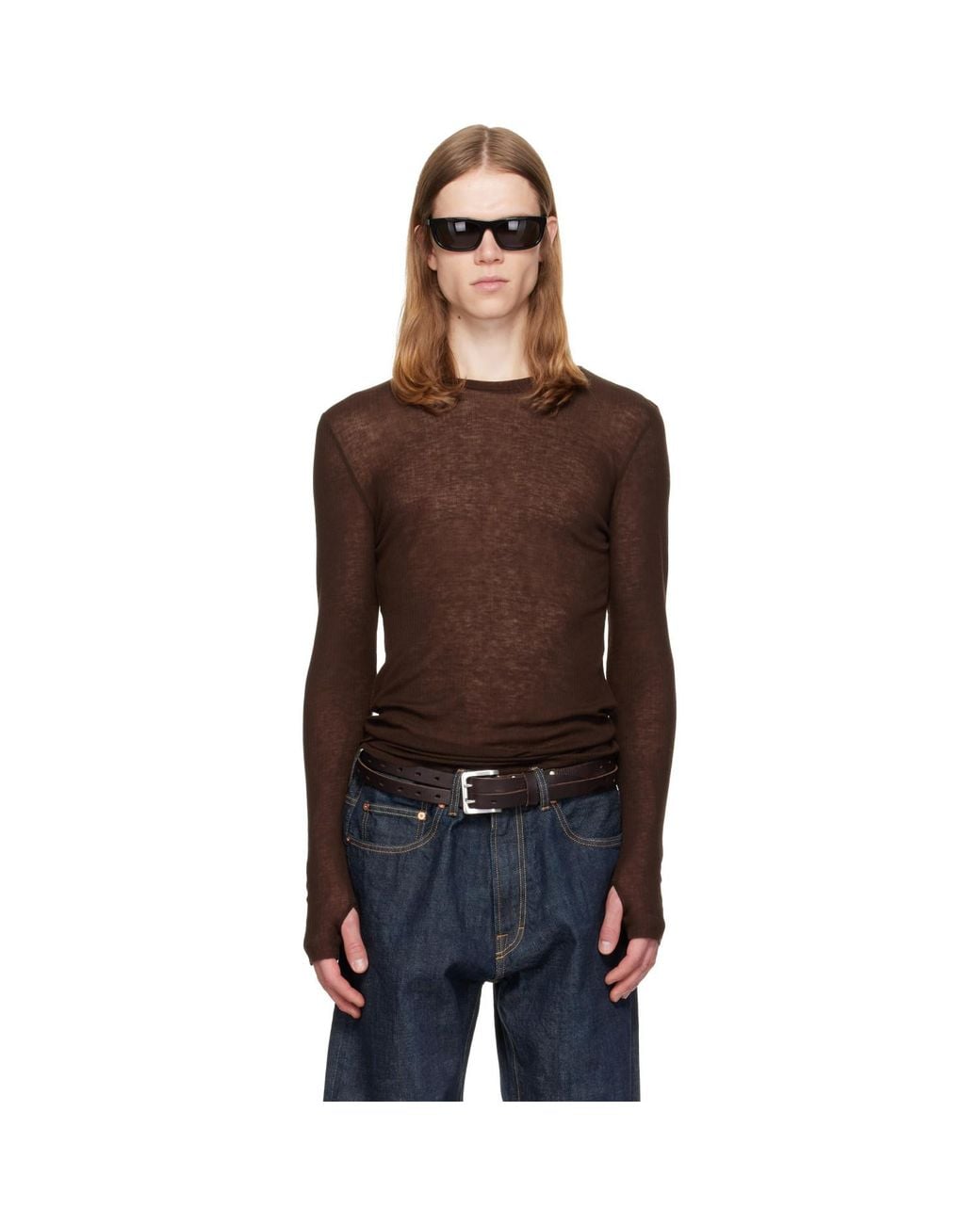 TONYWACK Brown Sheer Wool Ribbed Knit Sweater for men