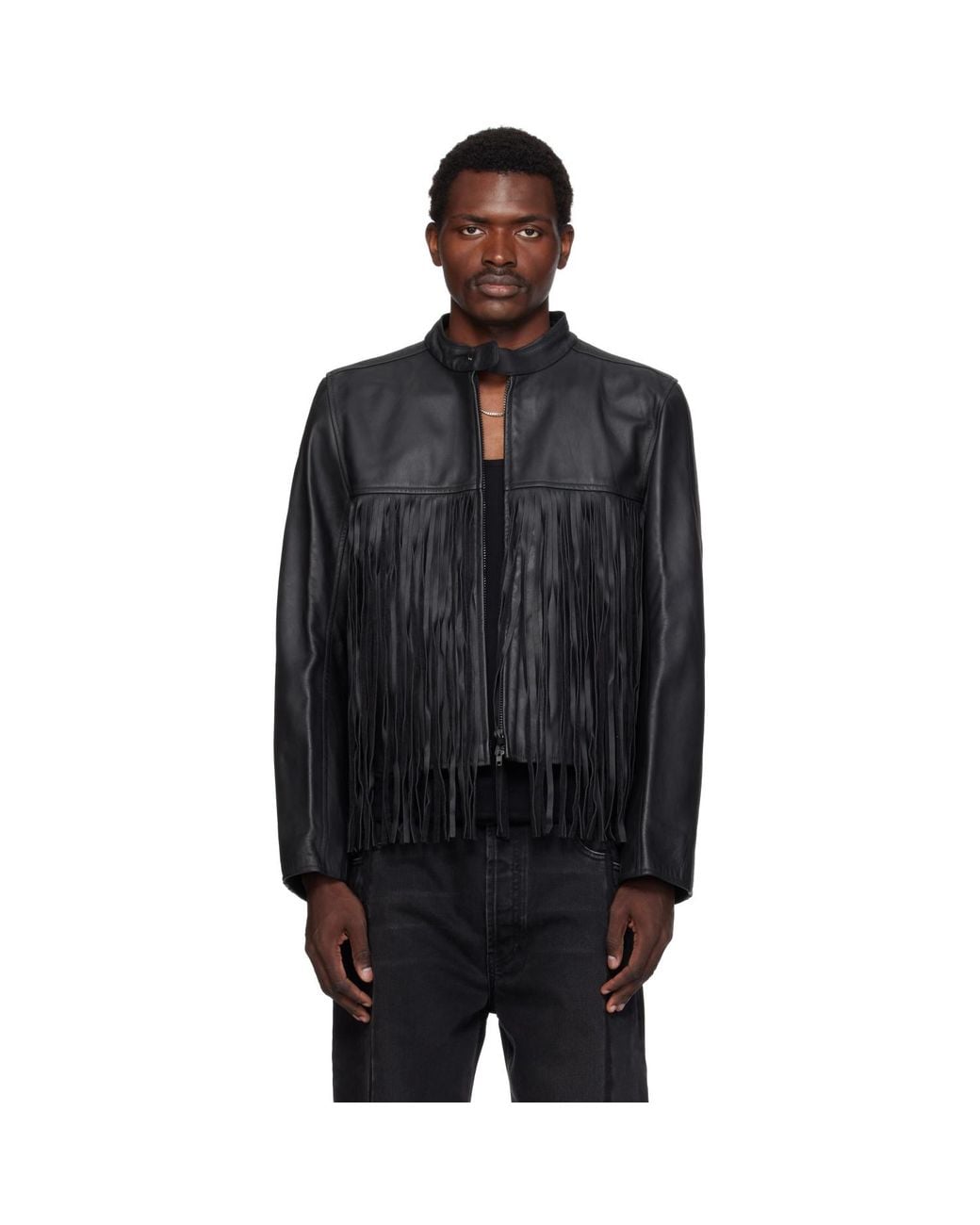 Vetements Black Fringed Boxy Moto Leather Jacket for men