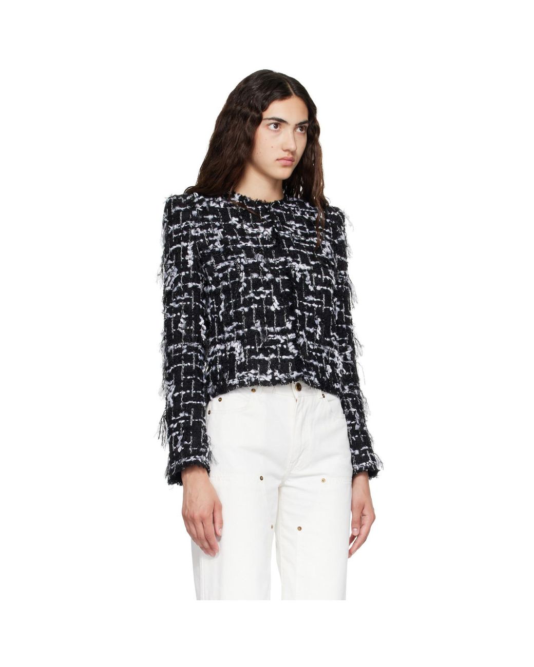 Balmain Black Cropped Fringed Tweed Jacket
