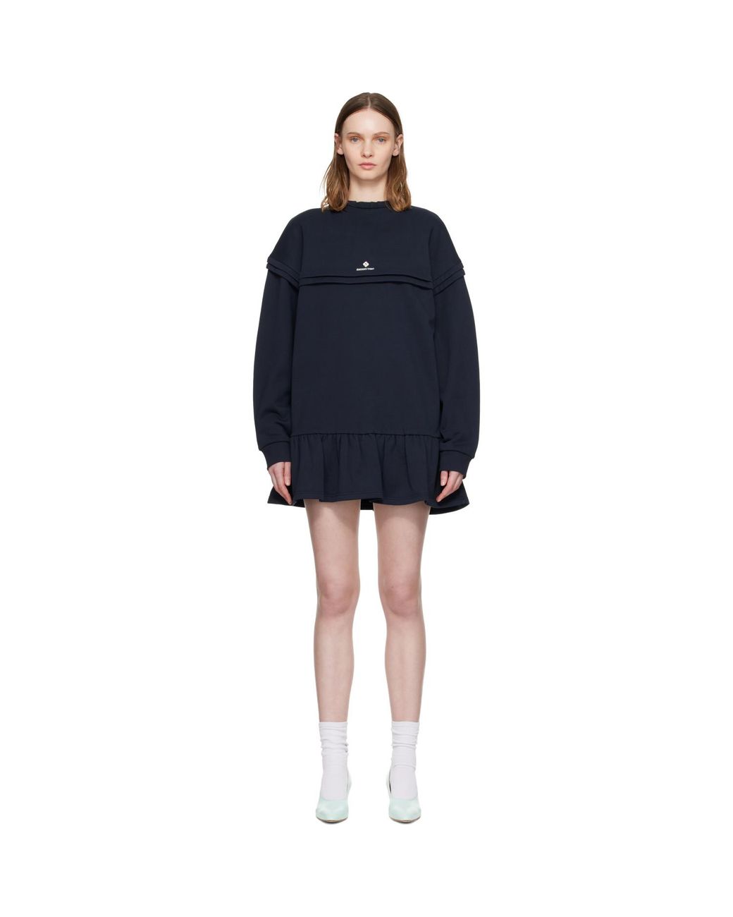 ShuShu/Tong Black Raw-Edge Wave Collar Tuck Detail Sweatshirt Minidress