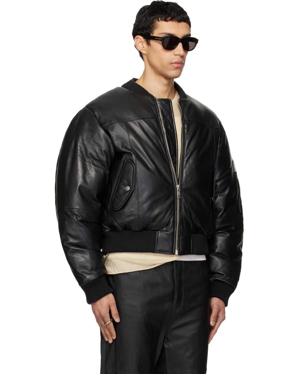 Deadwood Black Bofinger Padded Leather Bomber Jacket for men