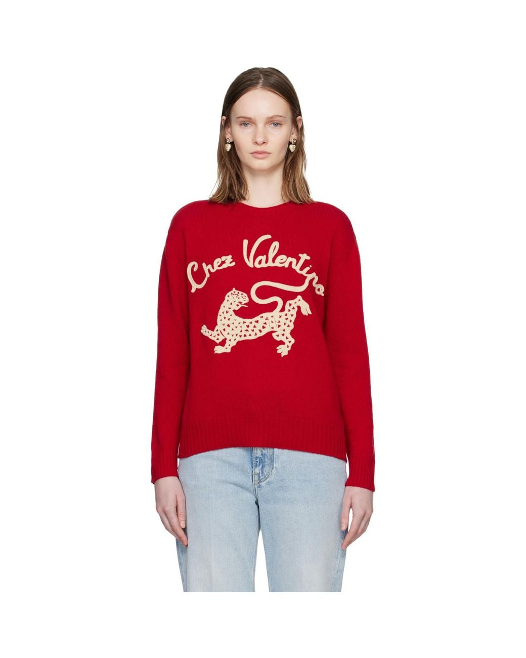 Valentino Red Wool 'Chez & Panther Embroidery Sweater