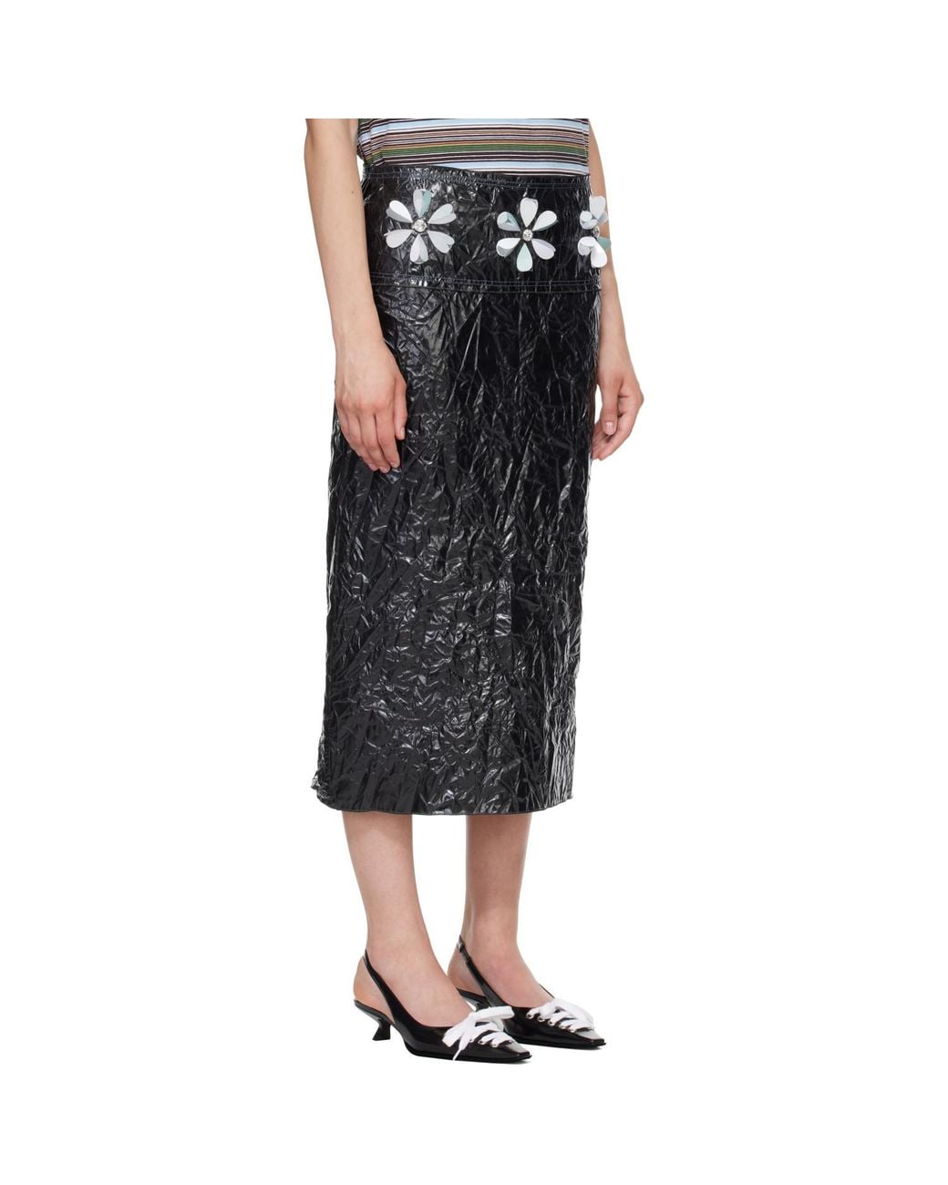 Marni Black Daisy Details Crinkled Midi Skirt