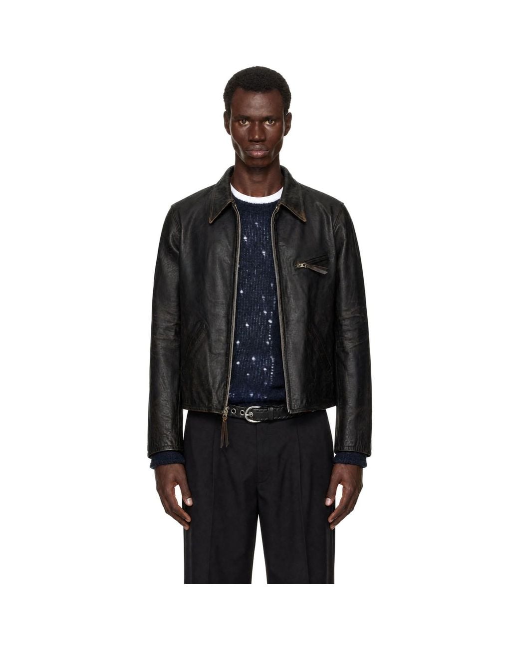 RRL Black Leather Newsboy Jacket for men