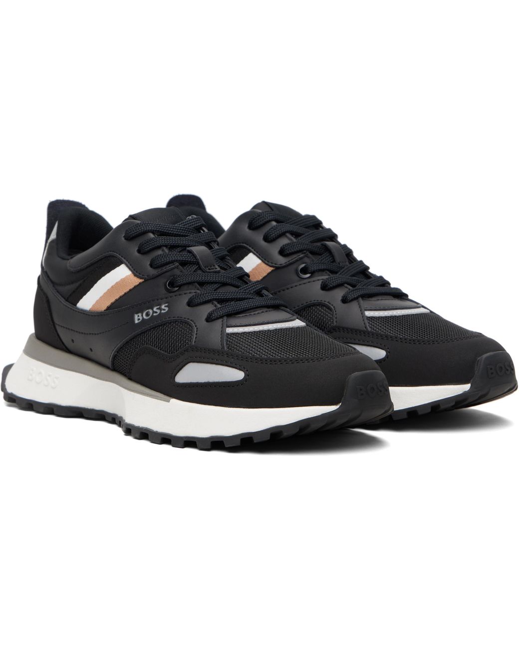 Boss Black Mixed-Material Leather & Mesh Sneakers for men