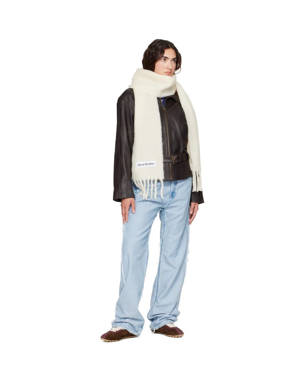 Acne White Off- Fringed Logo Scarf