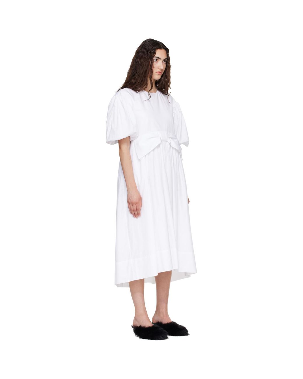 Simone Rocha White Puff Sleeve Gathered Bow Smock Midi Dress