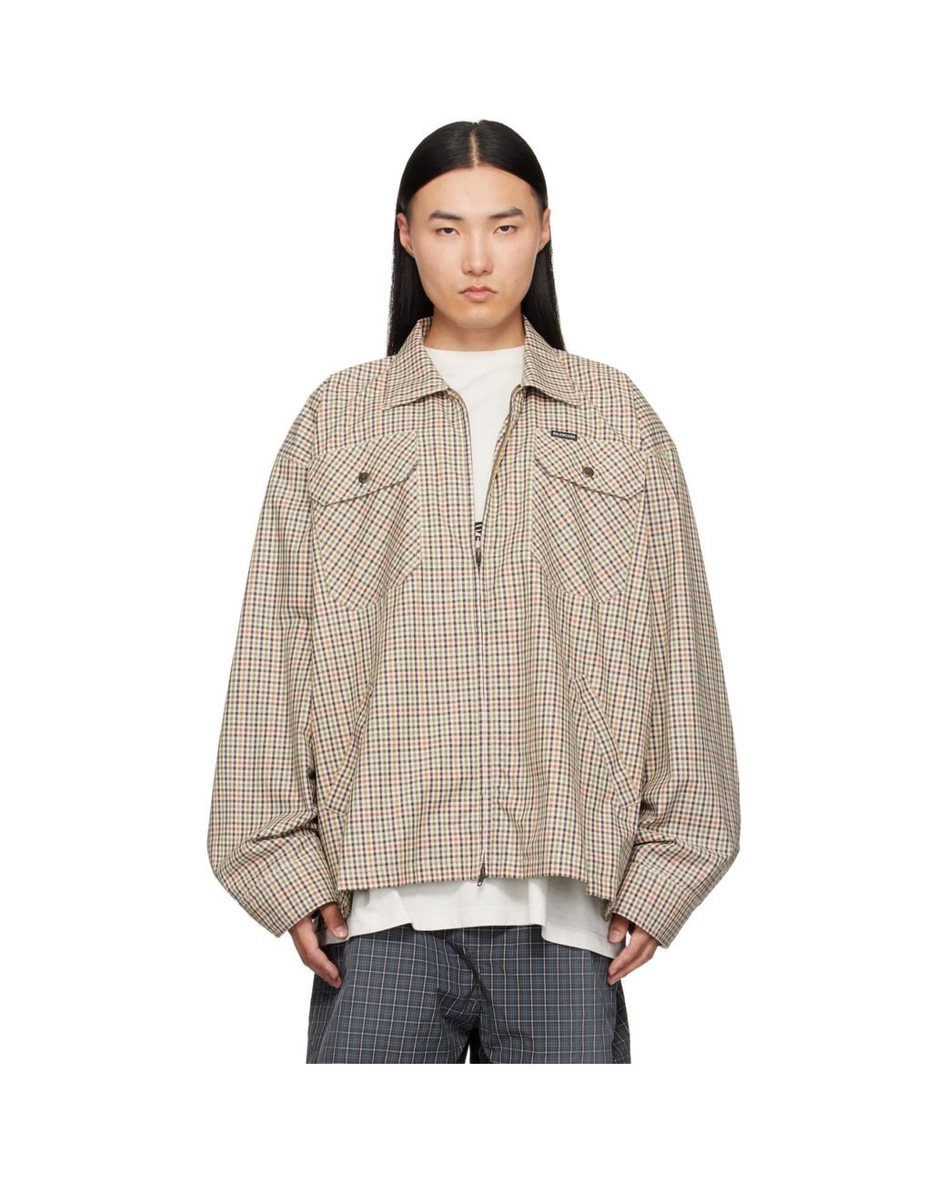 Balenciaga Natural Check Flannel Zip-Up Shirt for men