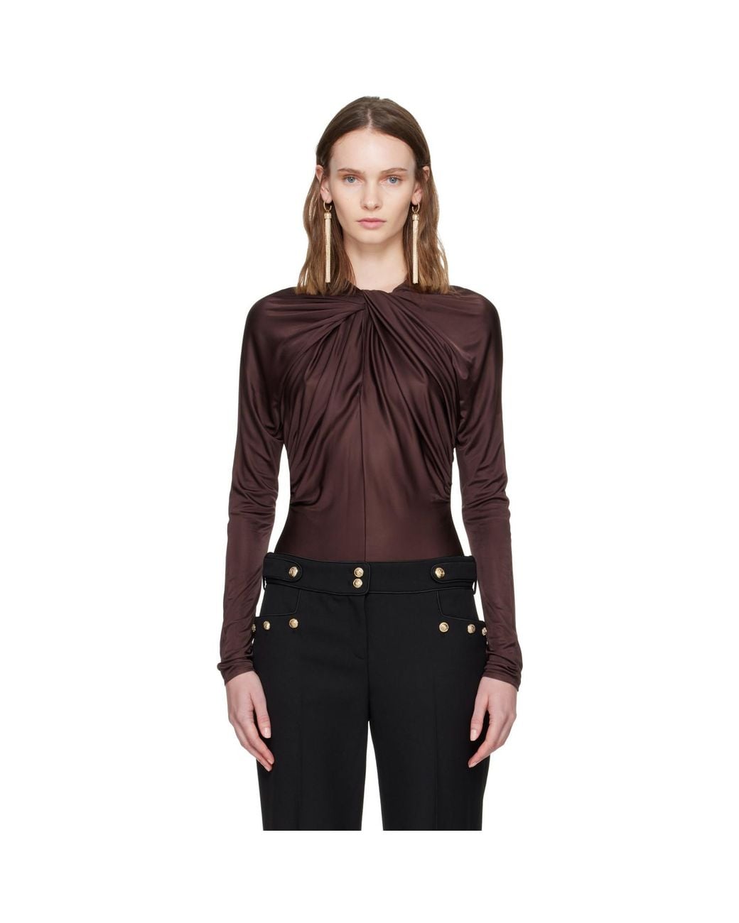 Balmain Red Burgundy Ls Twist Detail Bodysuit