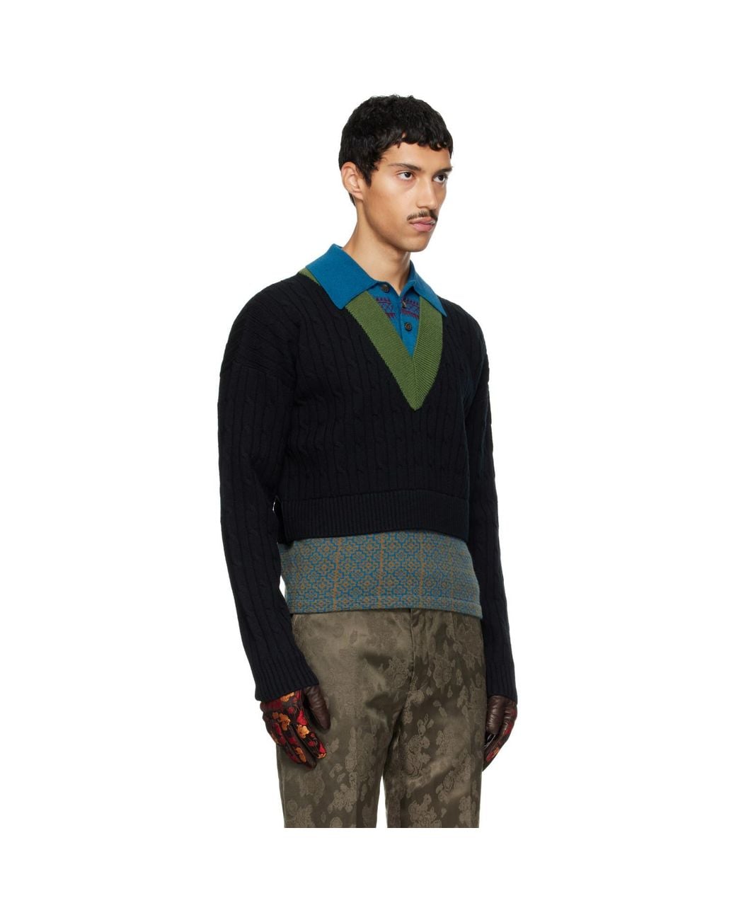 Dries Van Noten Black Layered Wool Polo for men