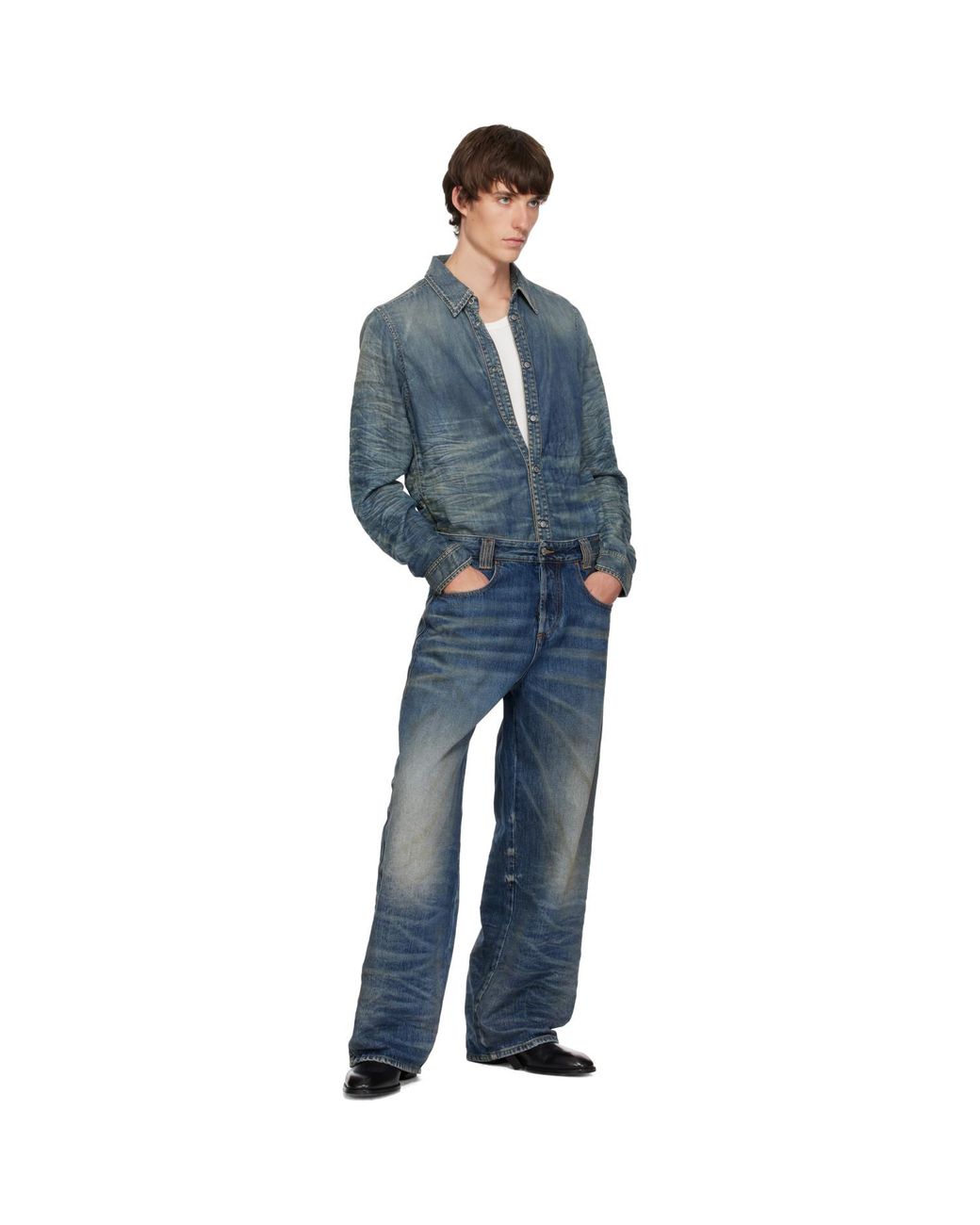 DIESEL Blue Dirty-Effect Creased Denim Shirt for men