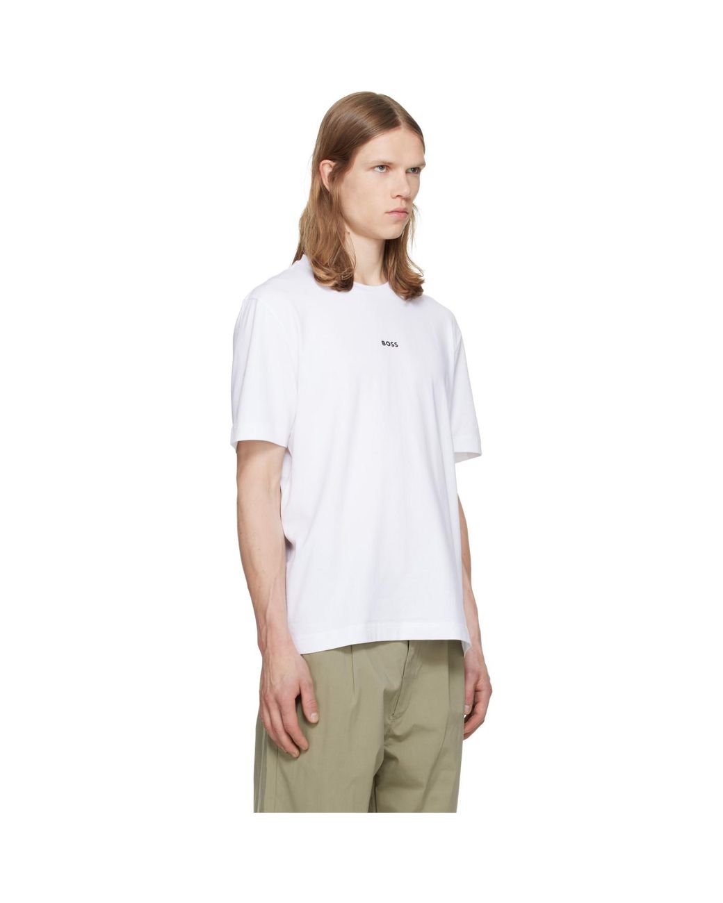 Boss White Stretch-Cotton Contrast Logo T-Shirt for men