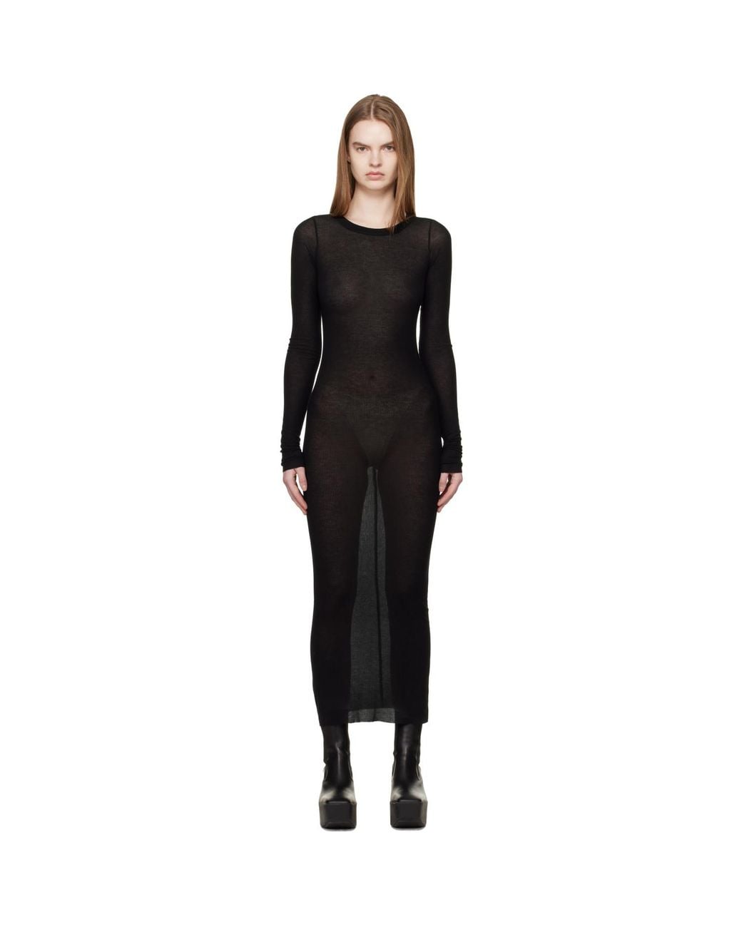 Rick Owens Black Temple Rib Ls Midi Dress