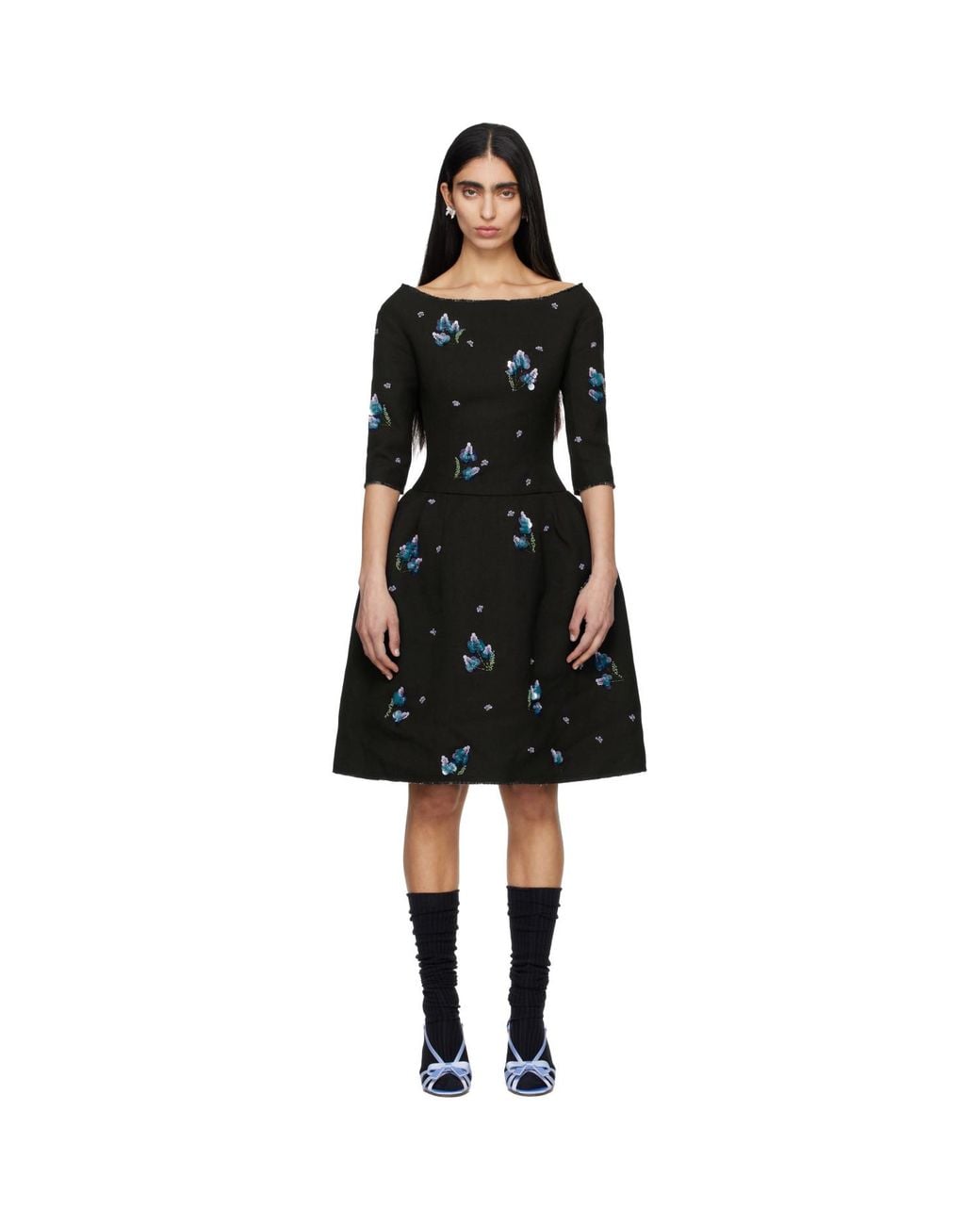 ShuShu/Tong Black Corset Waist Off-Shoulder Midi Dress