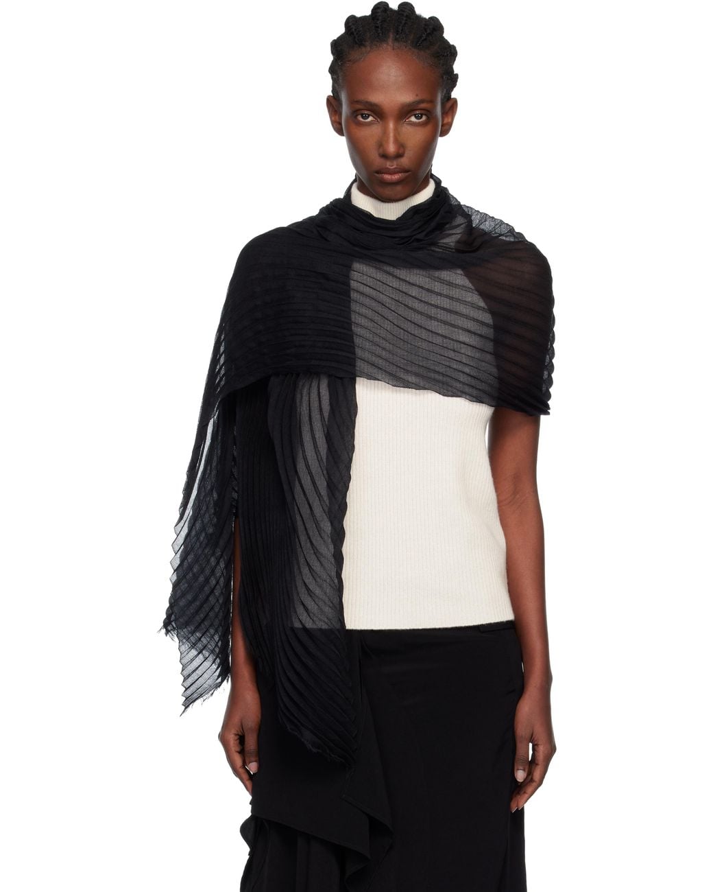 小物 issey miyake sheer silk scarf Issey Miyake Silk Wool Pleats Stole Scarf in Black | Lyst UK