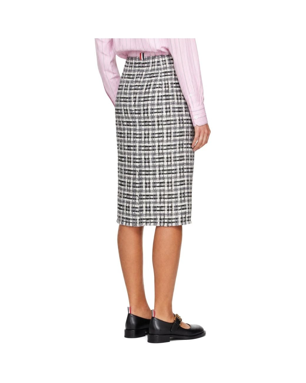 Thom Browne White Off- Ribbon Tweed Fray Midi Pencil Skirt