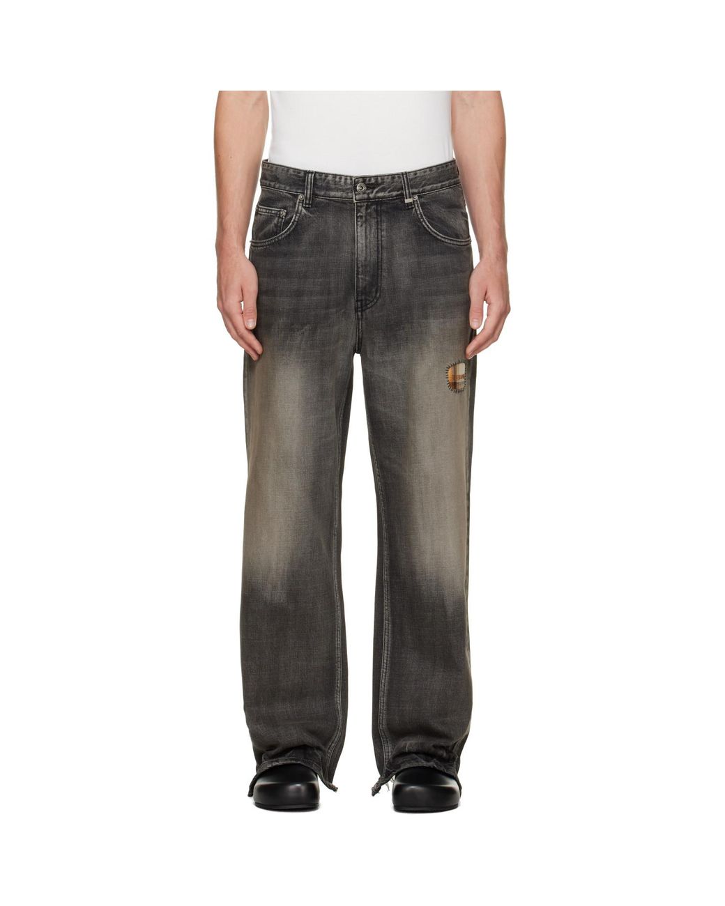 we11done Gray Repaired Check Denim Jeans for men
